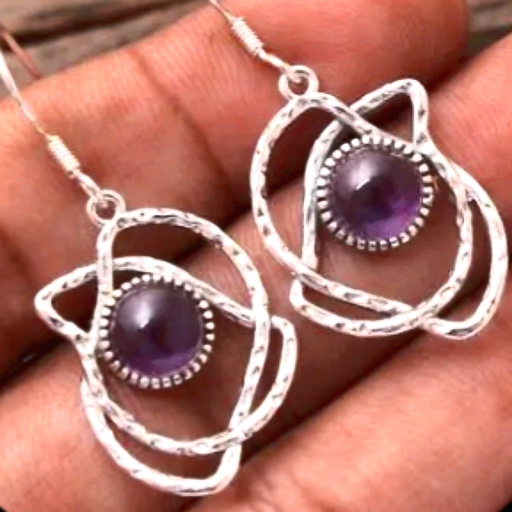 Natural Amethyst Gemstone Earrings, 925 Sterling Silver